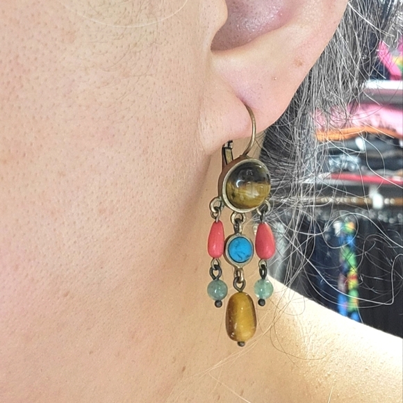 Precious Gemstones Boho Earrings Turquoise Tiger's eye Red Jasper Jade - Picture 8 of 8